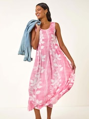 Roman Pink Leaf Print Shirred Bodice Midi Dress - Image 2 of 5