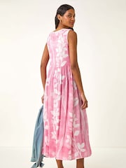 Roman Pink Leaf Print Shirred Bodice Midi Dress - Image 3 of 5
