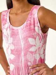 Roman Pink Leaf Print Shirred Bodice Midi Dress - Image 5 of 5