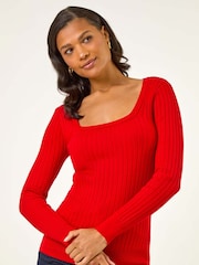Vermelho - Roman Square Neck Ribbed Knit Jumper - Imagem 1 de 5
