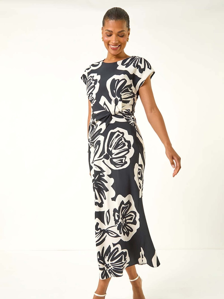 Roman Black Floral Twist Front Midi Dress - Image 1 of 5