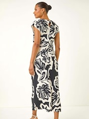 Roman Black Floral Twist Front Midi Dress - Image 2 of 5