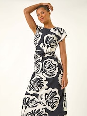 Roman Black Floral Twist Front Midi Dress - Image 3 of 5