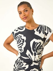Roman Black Floral Twist Front Midi Dress - Image 4 of 5