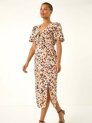 Castanho - Vestido midi Roman com Animal Print e amarração frontal - Imagem 1 de 5
