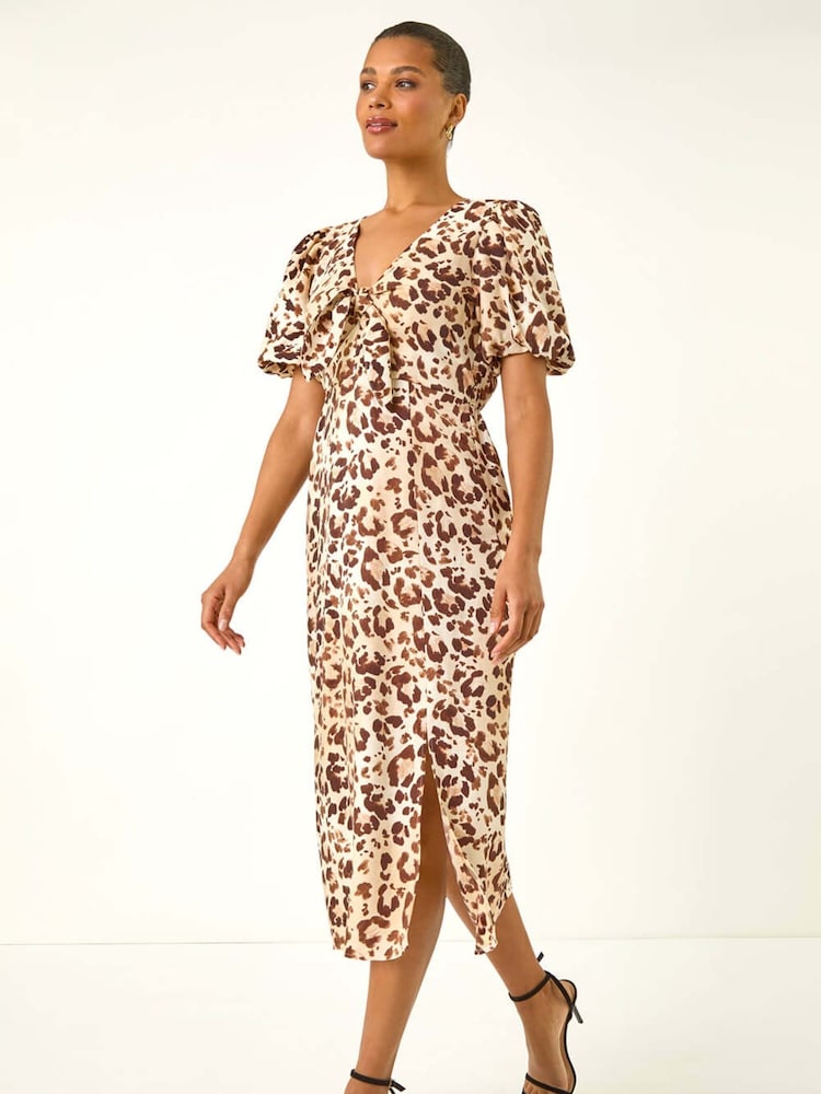 Castanho - Vestido midi Roman com Animal Print e amarração frontal - Imagem 1 de 5