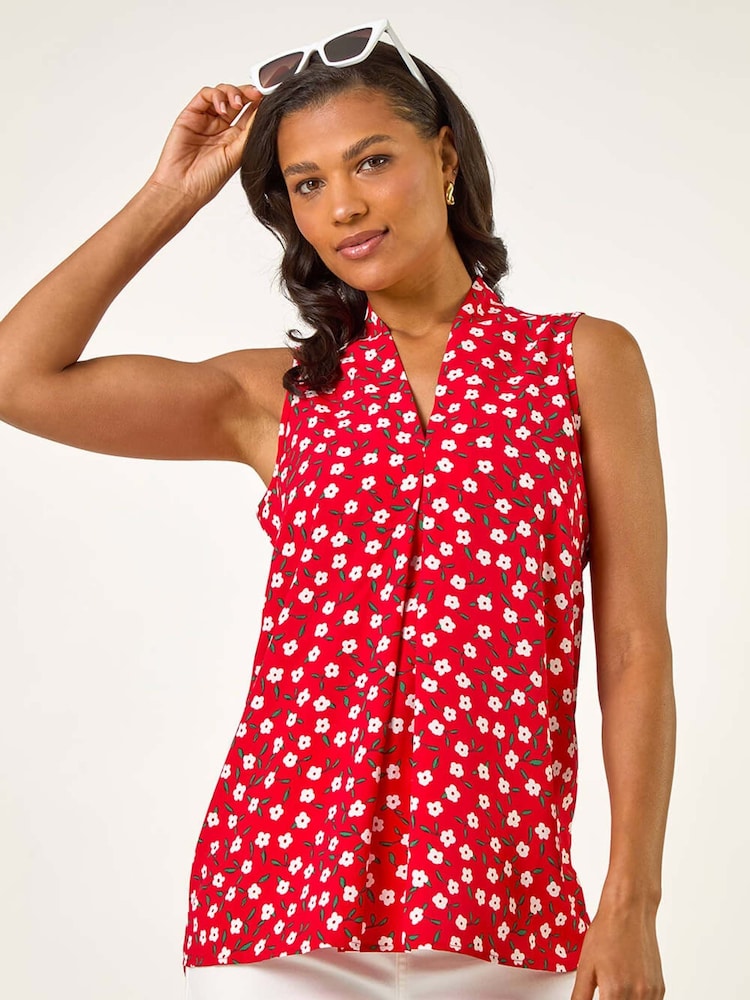 Roman Red Floral Print Pleat Front Vest Top - Image 1 of 5