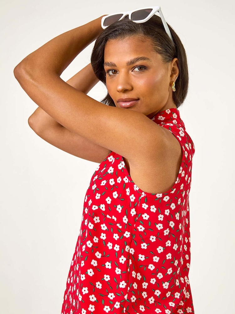 Roman Red Floral Print Pleat Front Vest Top - Image 5 of 5