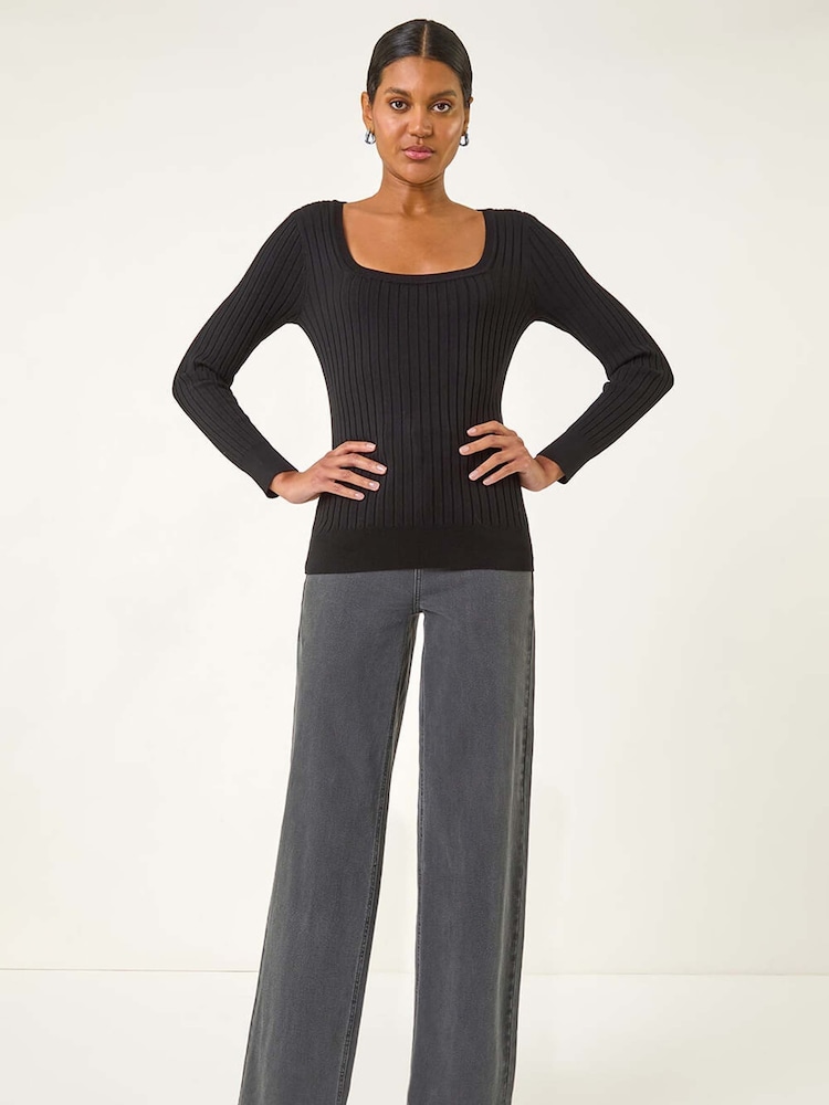 Preto - Roman Square Neck Ribbed Knit Jumper - Imagem 2 de 5