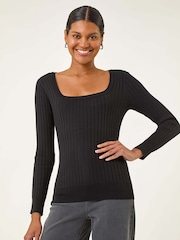 Preto - Roman Square Neck Ribbed Knit Jumper - Imagem 4 de 5