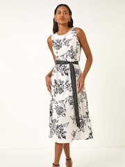 Roman White Monochrome Printed Satin Midi Dress - Image 1 of 5