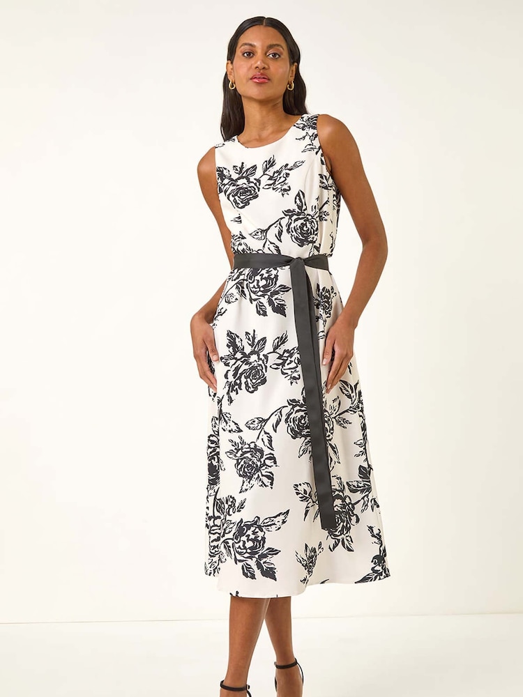 Roman White Monochrome Printed Satin Midi Dress - Image 1 of 5