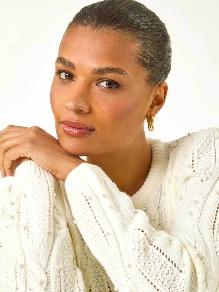Roman White Pearl Cable Knit Jumper - Image 2 of 5 Roman White Pearl Cable Knit Jumper - Image 2 of 5