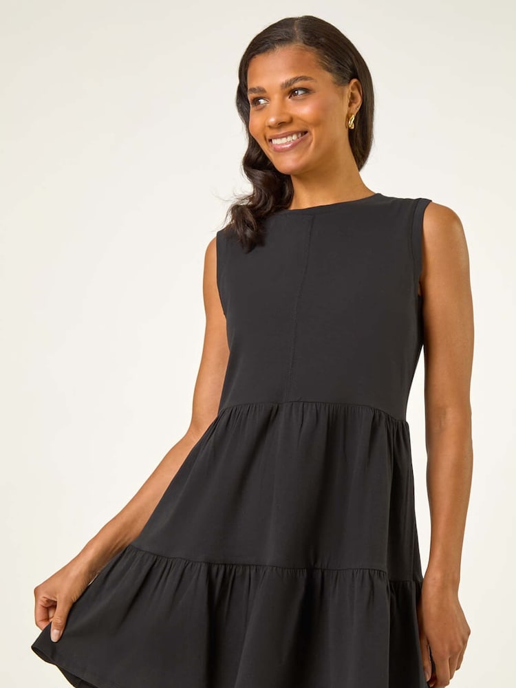 Roman Black Cotton Tiered Stretch Dress - Image 1 of 5