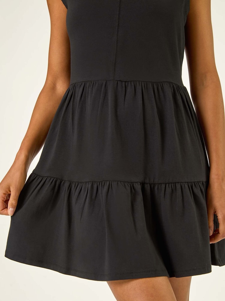 Roman Black Cotton Tiered Stretch Dress - Image 5 of 5