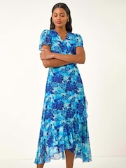 Roman Blue Floral Print Frill Mesh Stretch Dress - Image 1 of 5