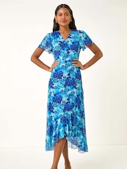 Roman Blue Floral Print Frill Mesh Stretch Dress - Image 2 of 5