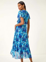 Roman Blue Floral Print Frill Mesh Stretch Dress - Image 3 of 5
