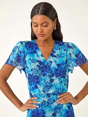 Roman Blue Floral Print Frill Mesh Stretch Dress - Image 4 of 5