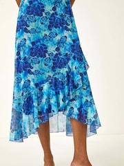 Roman Blue Floral Print Frill Mesh Stretch Dress - Image 5 of 5