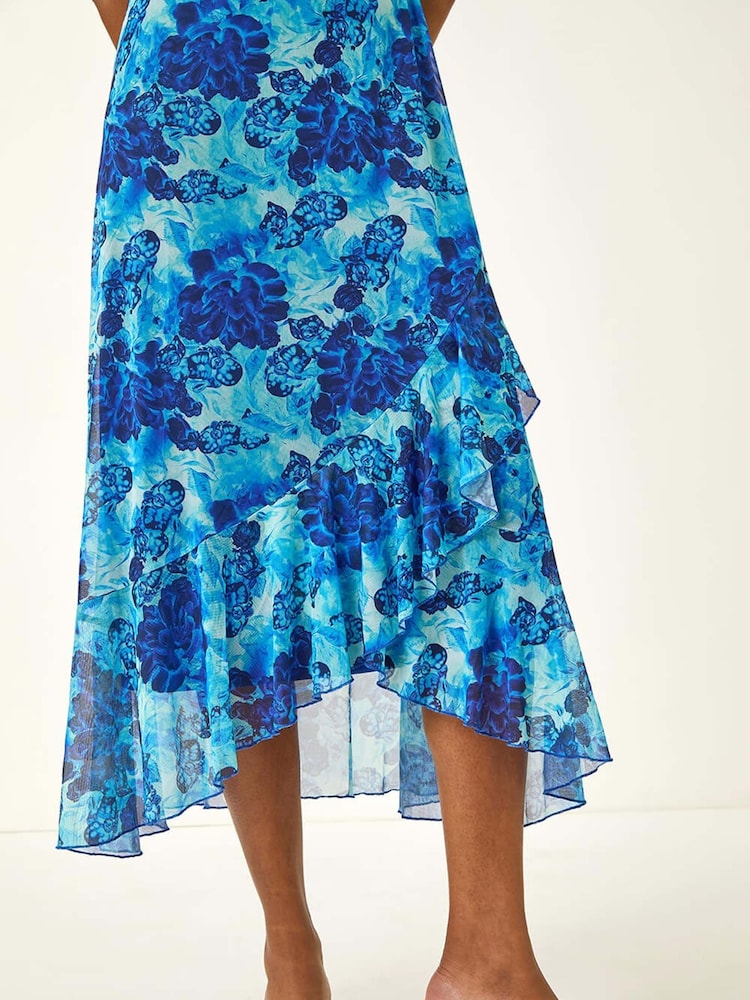 Roman Blue Floral Print Frill Mesh Stretch Dress - Image 5 of 5