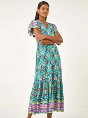 Vestido longo com estampa floral romana e decote redondo - Imagem 1 de 5