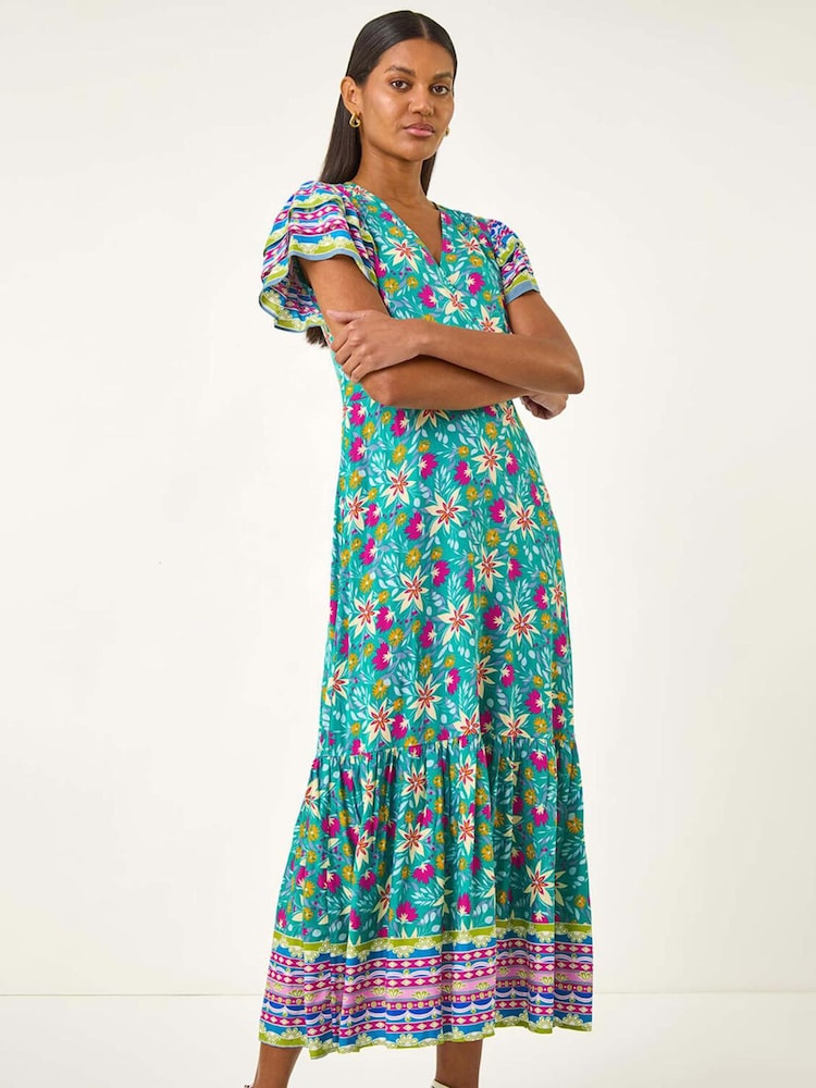 Vestido longo com estampa floral romana e decote redondo - Imagem 1 de 5