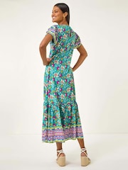 Vestido longo com estampa floral romana e decote redondo - Imagem 3 de 5