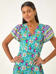 Vestido longo com estampa floral romana e decote redondo - Imagem 4 de 5
