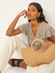 Roman Natural Print Ruched Frill Sleeve Blouse - Image 3 of 5
