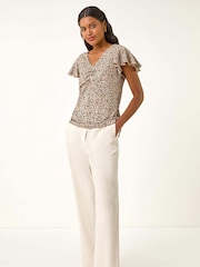 Roman Natural Print Ruched Frill Sleeve Blouse - Image 4 of 5