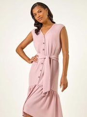 Roman Pink V-Neck Buttoned Tie Waist Midi Dress - Image 1 of 4