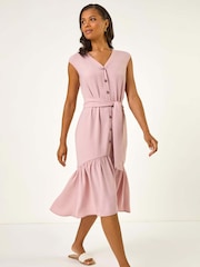 Roman Pink V-Neck Buttoned Tie Waist Midi Dress - Image 3 of 4