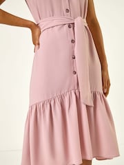 Roman Pink V-Neck Buttoned Tie Waist Midi Dress - Image 4 of 4