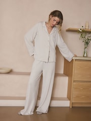 Neutral Stripe Jersey Button Through Pyjamas - Image 1 of 8