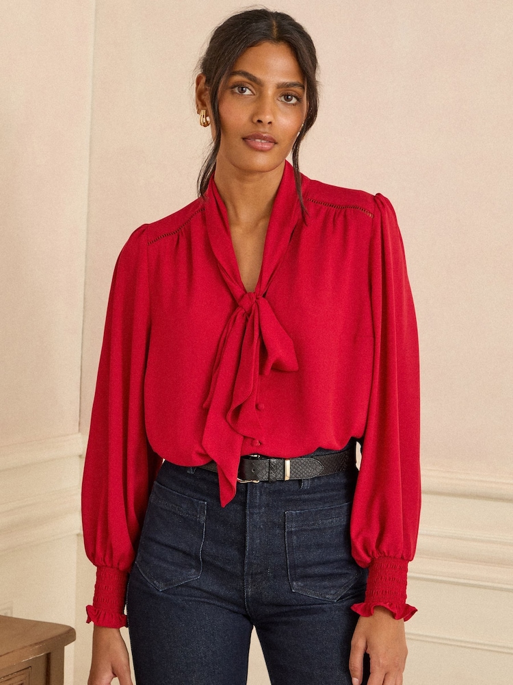 Love & Roses Red Petite Long Sleeve Pussybow Blouse - Image 1 of 4 Love & Roses Red Petite Long Sleeve Pussybow Blouse - Image 1 of 4