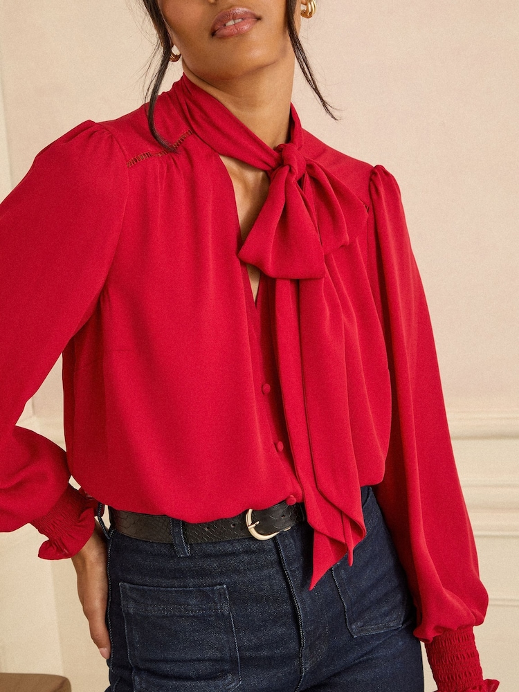 Love & Roses Red Petite Long Sleeve Pussybow Blouse - Image 2 of 4 Love & Roses Red Petite Long Sleeve Pussybow Blouse - Image 2 of 4