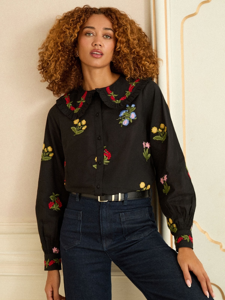 Love & Roses Black Petite Floral Embroidered Collar Blouse - Image 2 of 4 Love & Roses Black Petite Floral Embroidered Collar Blouse - Image 2 of 4