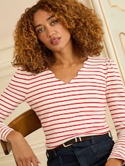 Ivory and Red Stripe - Love & Roses Scallop V-Neck Long Sleeve Jersey Top - Imagen 1 de 4