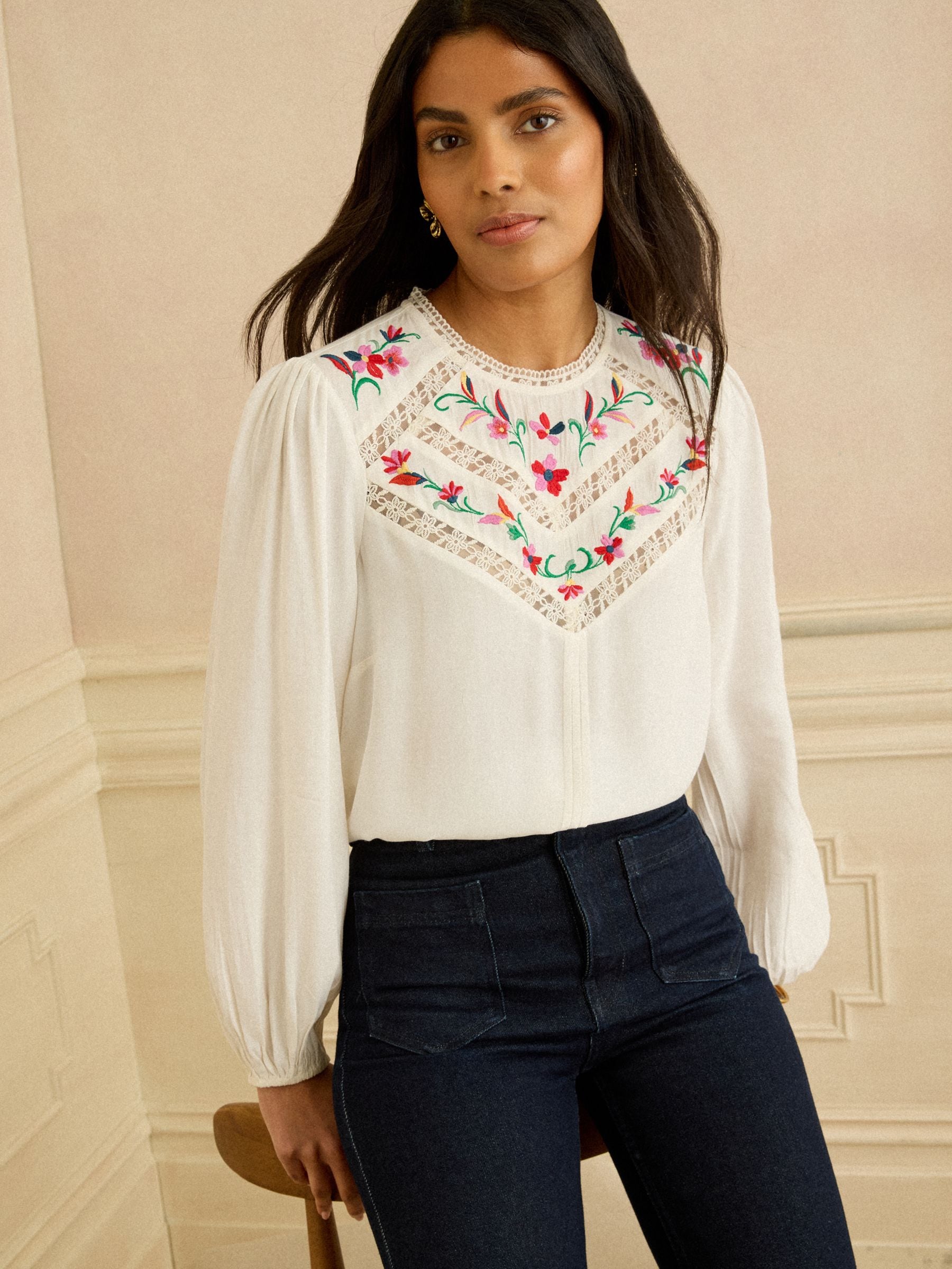 Buy Love & Roses Ivory Embroidered Crew Neck Long Sleeve Blouse