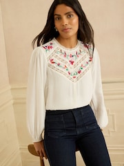 Love & Roses Ivory Embroidered Crew Neck Long Sleeve Blouse - Image 1 of 4