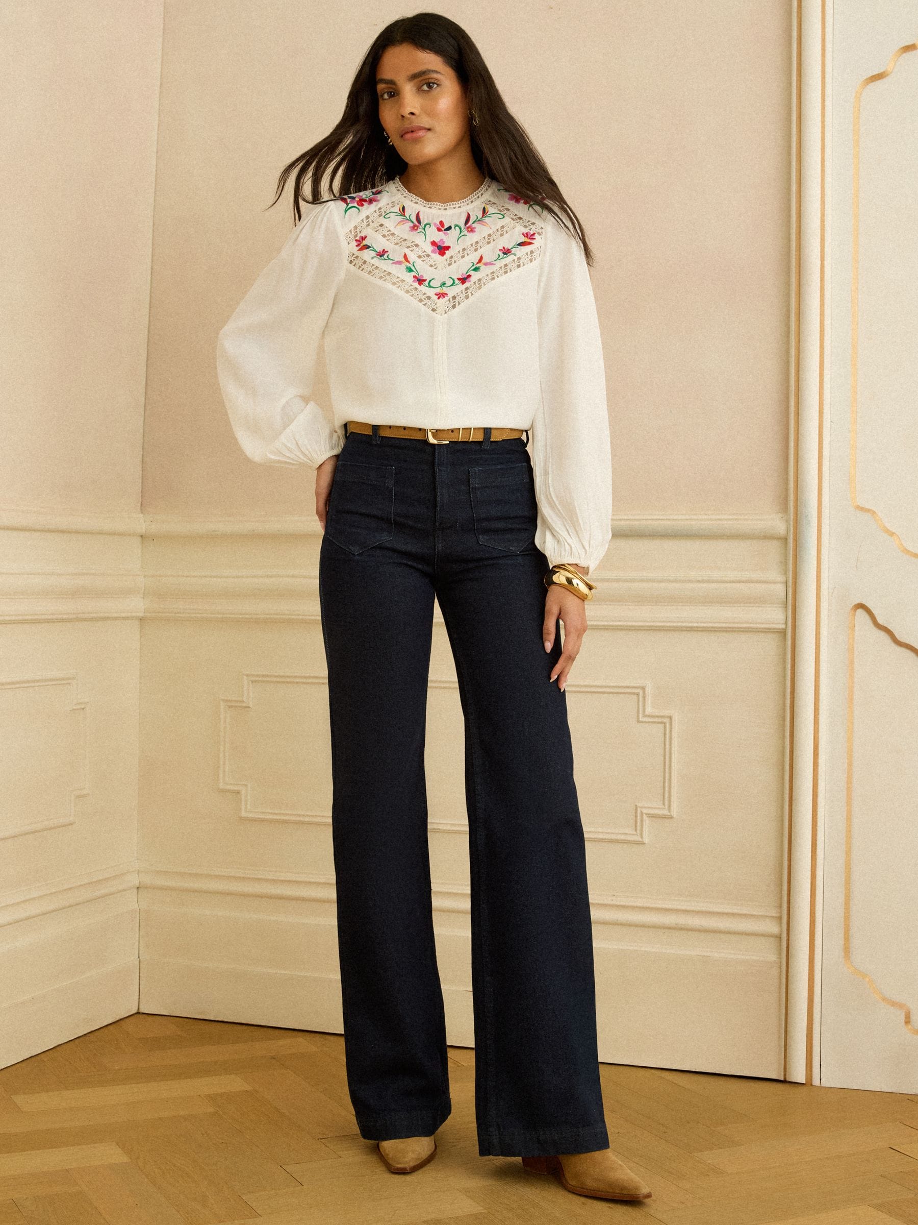 Buy Love & Roses Ivory Embroidered Crew Neck Long Sleeve Blouse