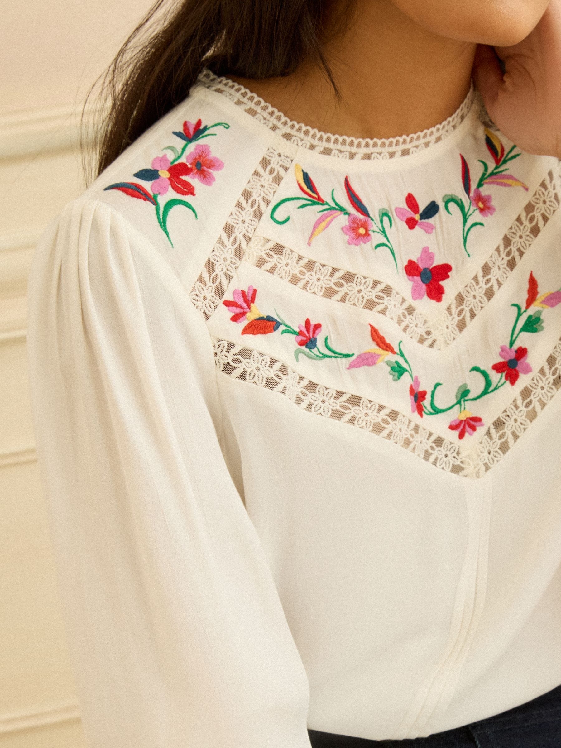 Buy Love & Roses Ivory Embroidered Crew Neck Long Sleeve Blouse