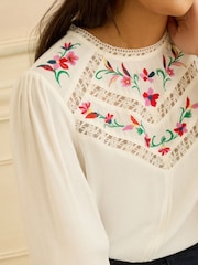 Love & Roses Ivory Embroidered Crew Neck Long Sleeve Blouse - Image 4 of 4