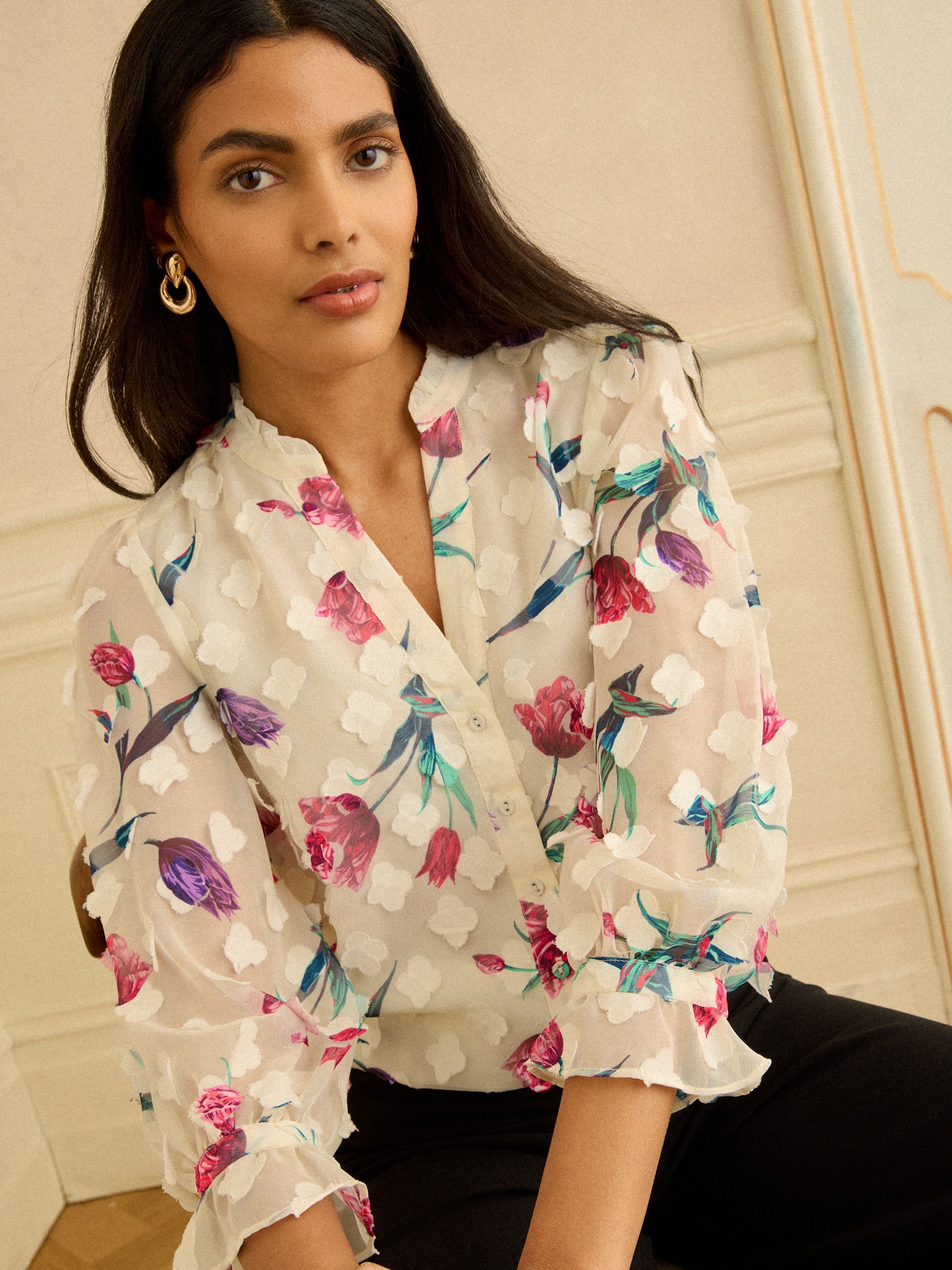 Buy Love & Roses Ivory Printed 3D Floral Tulip Notch Neck Long