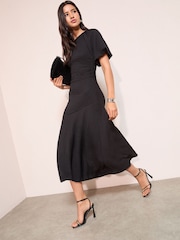 Friends Like These Black Textured Balloon Sleeve Midi Dress - Image 1 of 5