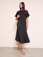 Friends Like These Black Textured Balloon Sleeve Midi Dress - Image 3 of 5