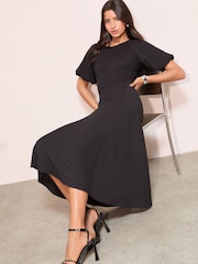 Friends Like These Black Textured Balloon Sleeve Midi Dress - Image 4 of 5