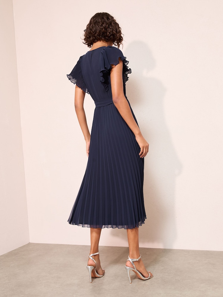 أزرق داكن - Friends Like These Chiffon Pleated Lace Insert Midi Dress - صورة 4 من 4