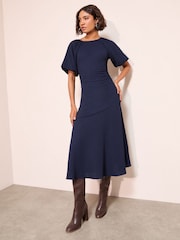 Friends Like These Navy Textured Balloon Sleeve Midi Dress - Image 2 of 4